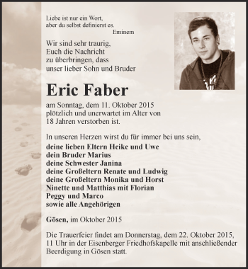 Traueranzeigen Von Eric Faber Trauer In Thueringen De