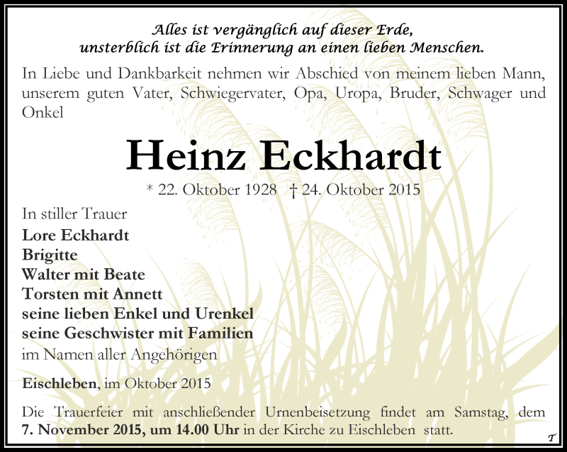 Traueranzeigen Von Heinz Eckhardt Trauer In Thueringen De