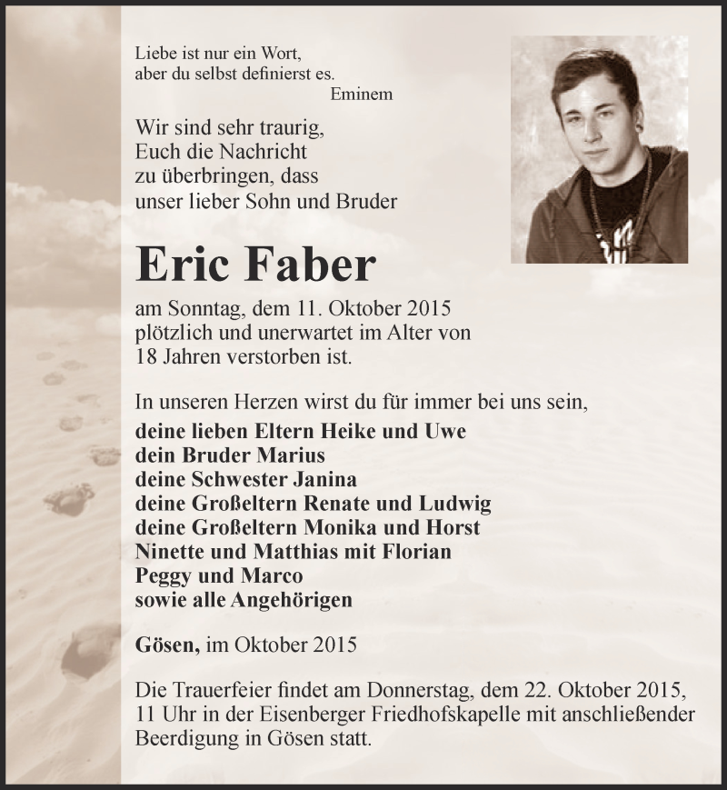  Traueranzeige für Eric Faber vom 20.10.2015 aus Ostthüringer Zeitung