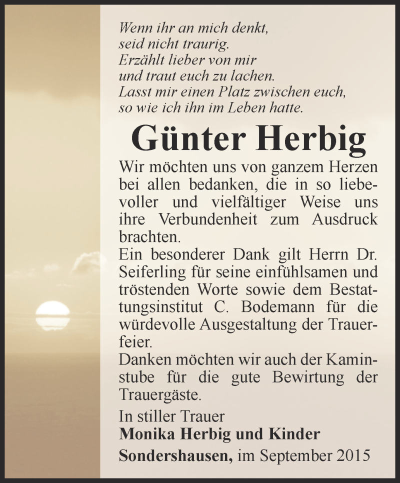 Traueranzeigen von Günter Herbig trauer in thueringen de