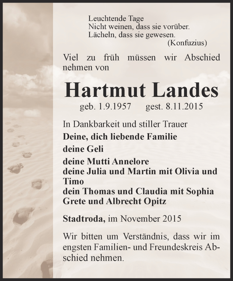 Traueranzeigen Von Hartmut Landes Trauer In Thueringen De