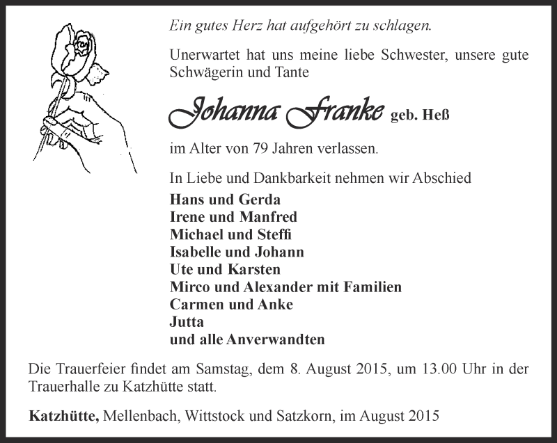 Traueranzeigen Von Johanna Franke Trauer In Thueringen De