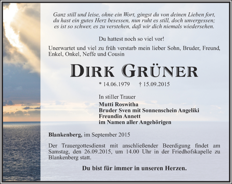 Traueranzeigen Von Dirk Gr Ner Trauer In Thueringen De