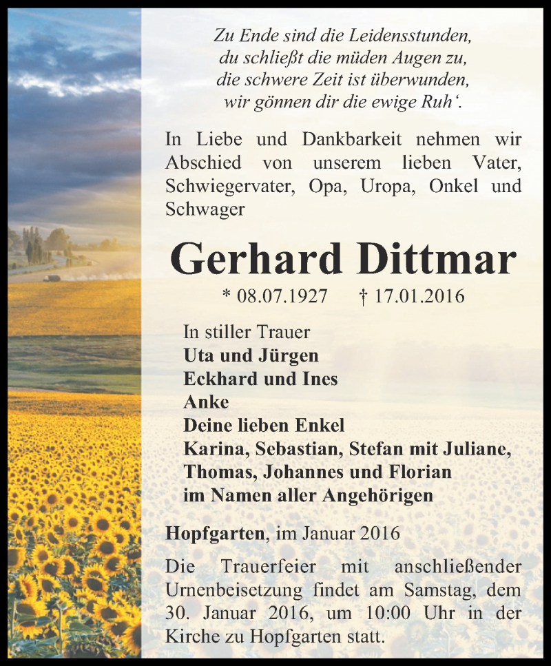 Traueranzeigen Von Gerhard Dittmar Trauer In Thueringen De