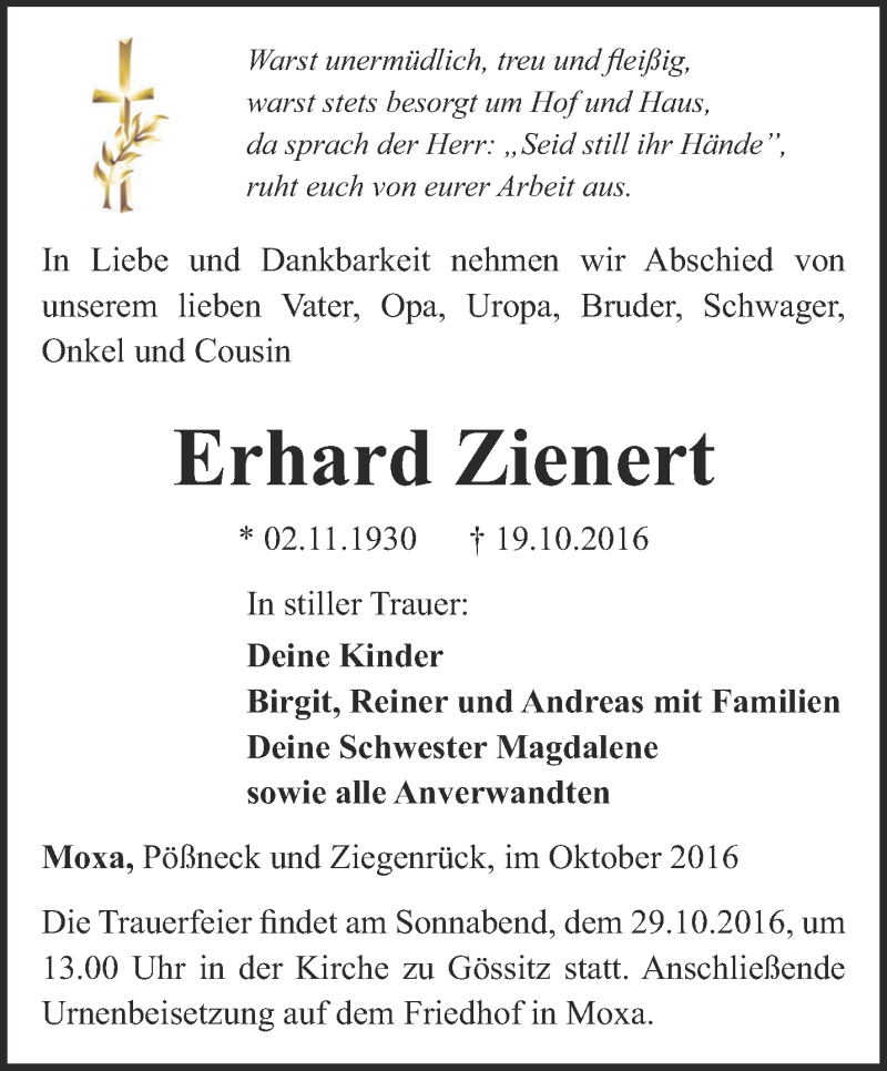 Traueranzeigen Von Erhard Zienert Trauer In Thueringen De