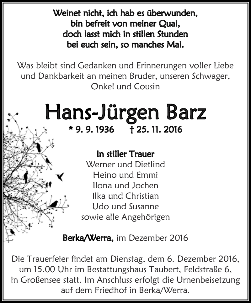 Traueranzeigen von Hans Jürgen Barz trauer in thueringen de