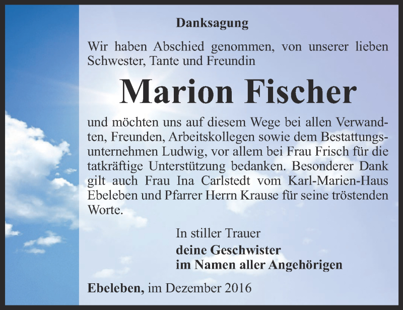 Traueranzeigen Von Marion Fischer Trauer In Thueringen De