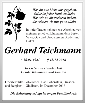 Traueranzeigen Von Gerhard Teichmann Trauer In Thueringen De