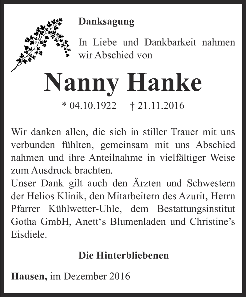 Traueranzeigen Von Nanny Hanke Trauer In Thueringen De