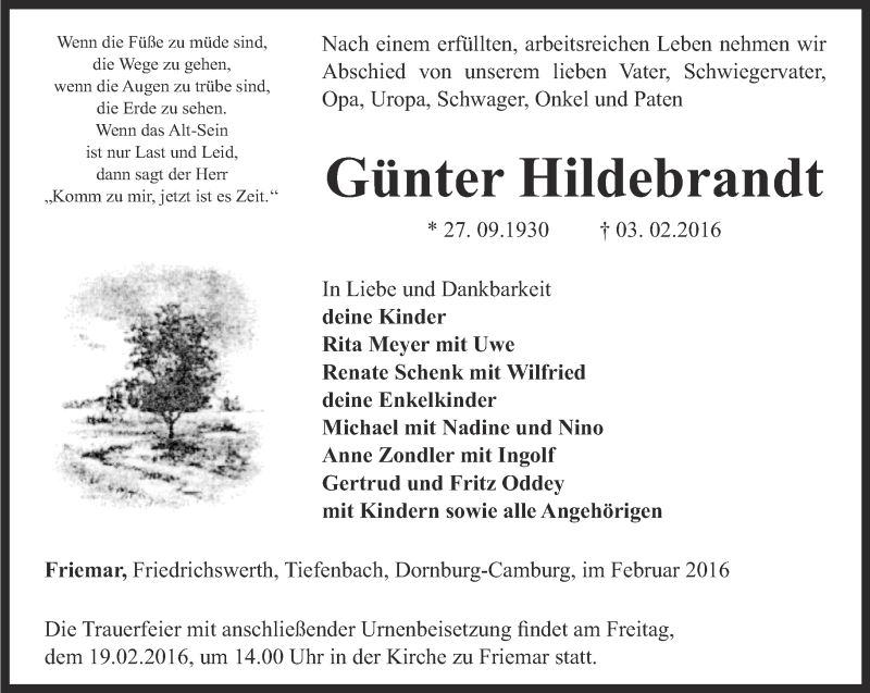 Traueranzeigen von Günter Hildebrandt trauer in thueringen de