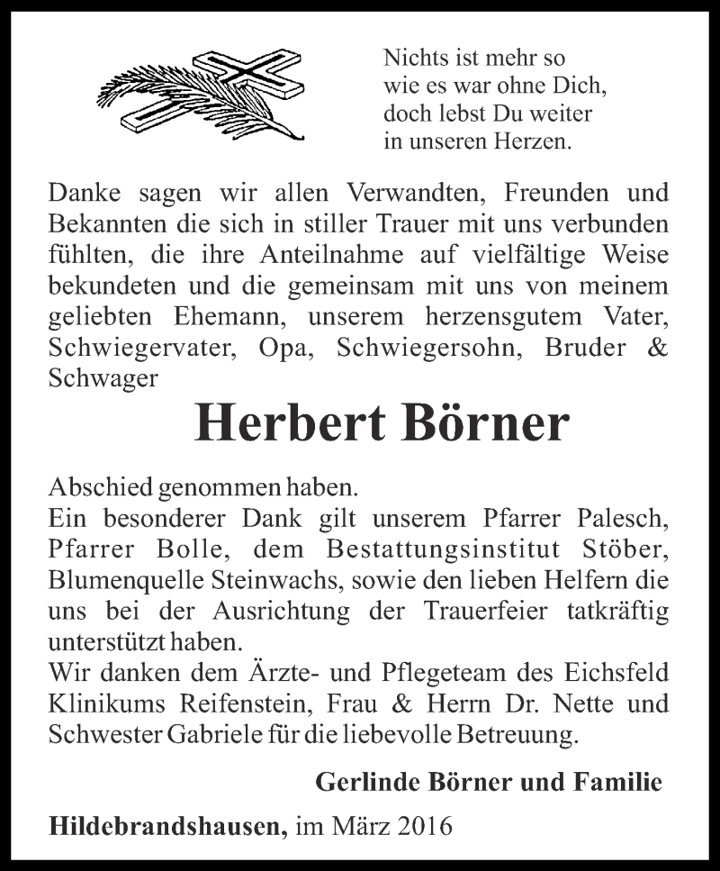 Traueranzeigen Von Herbert B Rner Trauer In Thueringen De