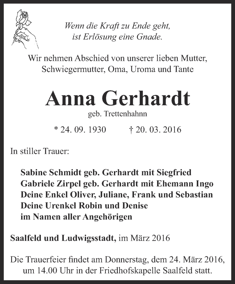 Traueranzeigen Von Anna Gerhardt Trauer In Thueringen De