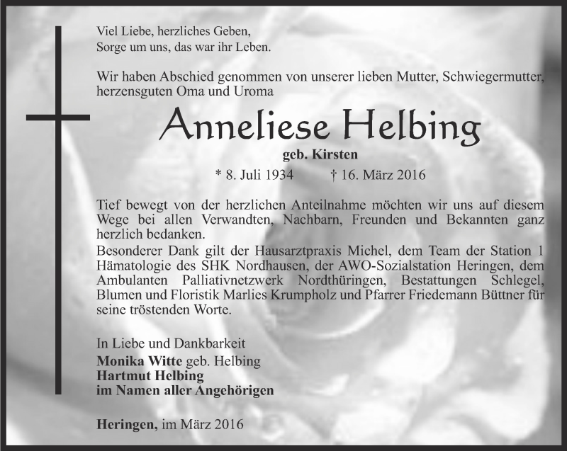 Traueranzeigen Von Anneliese Helbing Trauer In Thueringen De