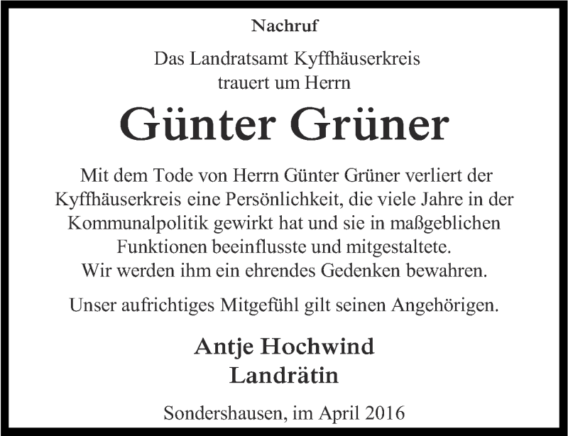 Traueranzeigen Von G Nter Gr Ner Trauer In Thueringen De