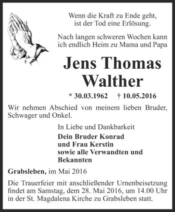 Traueranzeige von Jens Thomas Walther von Ostthüringer Zeitung, Thüringische Landeszeitung