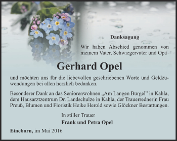 Traueranzeige von Gerhard Opel von Ostthüringer Zeitung