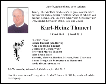 Traueranzeige von Karl-Heinz Thunert von Thüringer Allgemeine