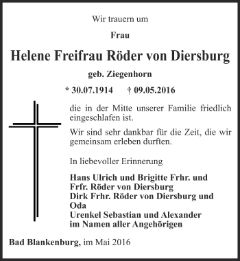 Traueranzeige von Helene Freifrau  Röder von Diersburg von Ostthüringer Zeitung