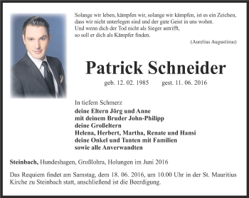 Traueranzeigen Von Patrick Schneider Trauer In Thueringen De