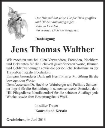 Traueranzeige von Jens Thomas Walther von Ostthüringer Zeitung, Thüringische Landeszeitung