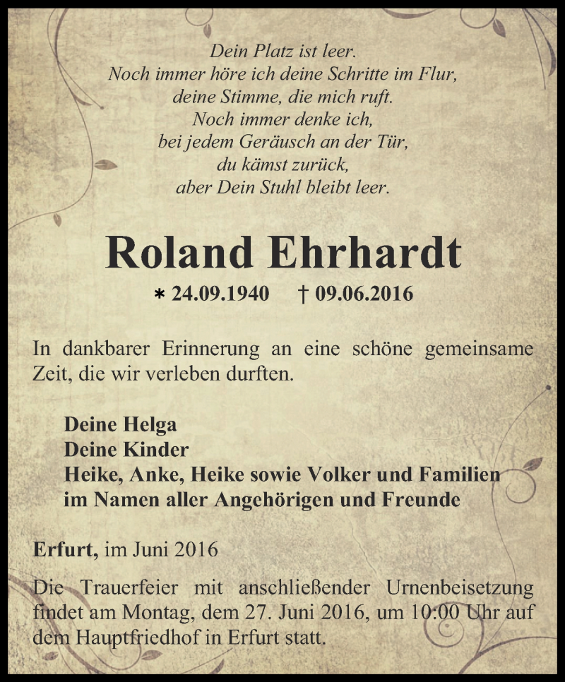 Traueranzeigen Von Roland Ehrhardt Trauer In Thueringen De