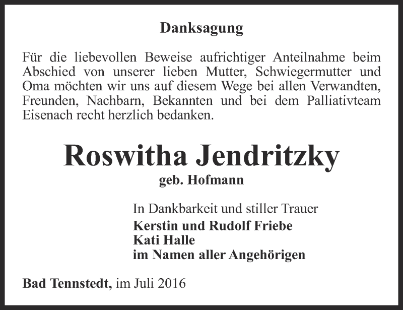 Traueranzeigen Von Roswitha Jendritzky Trauer In Thueringen De