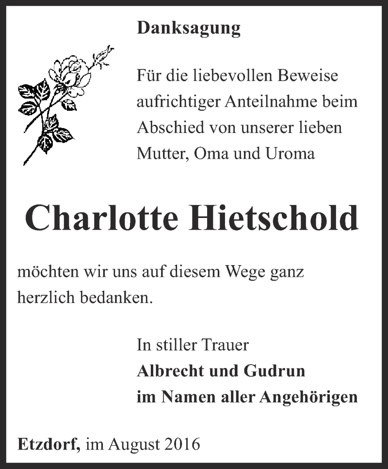 Traueranzeigen Von Charlotte Hietschold Trauer In Thueringen De