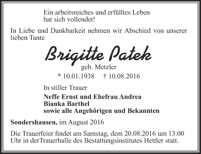 Traueranzeigen Von Brigitte Patek Trauer In Thueringen De