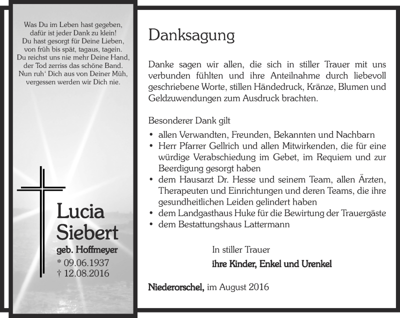 Traueranzeigen Von Lucia Siebert Trauer In Thueringen De