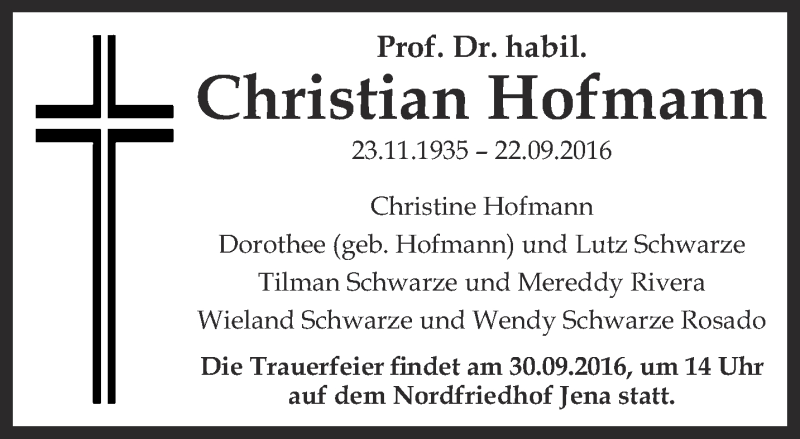 Traueranzeigen Von Christian Hofmann Trauer In Thueringen De