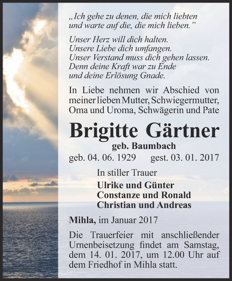 Traueranzeigen von Brigitte Gärtner trauer in thueringen de