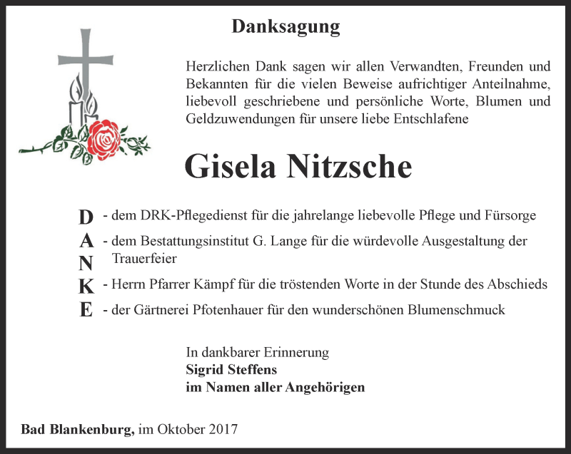 Traueranzeigen Von Gisela Nitzsche Trauer In Thueringen De