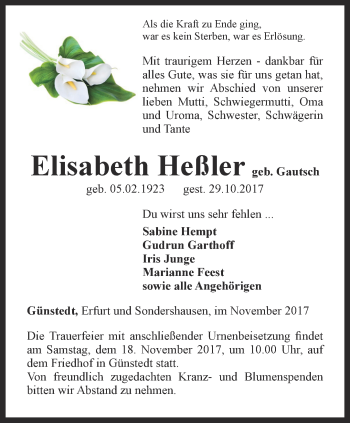 Traueranzeigen von Elisabeth Heßler trauer in thueringen de