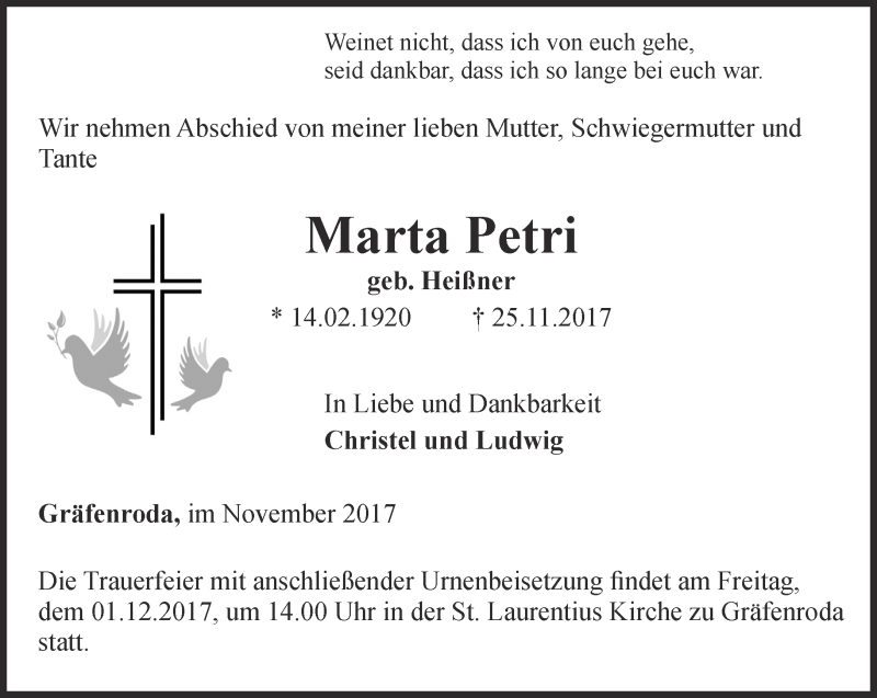 Traueranzeigen Von Marta Petri Trauer In Thueringen De