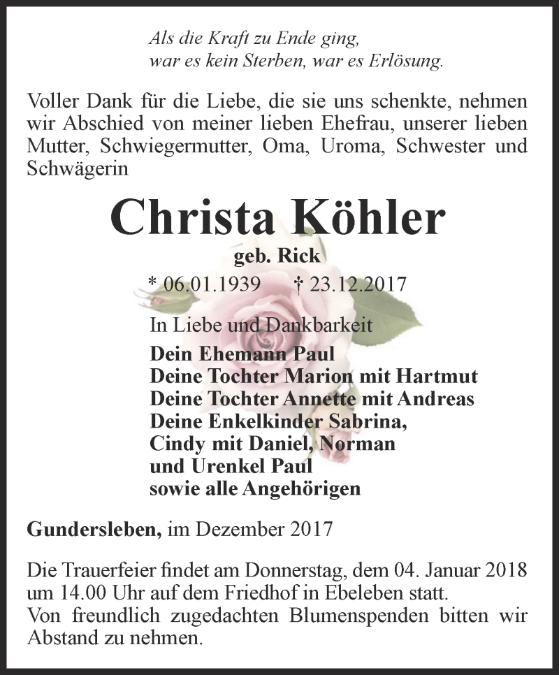 Traueranzeigen von Christa Köhler trauer in thueringen de