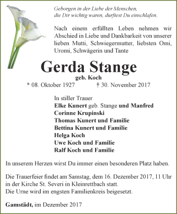 Traueranzeigen Von Gerda Stange Trauer In Thueringen De