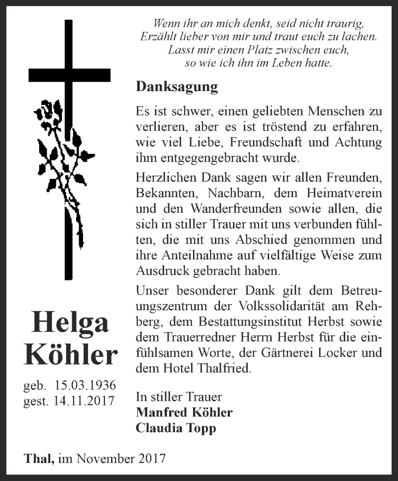 Traueranzeigen Von Helga K Hler Trauer In Thueringen De