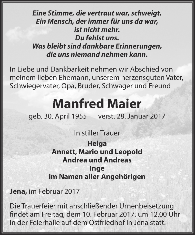 Traueranzeigen Von Manfred Maier Trauer In Thueringen De