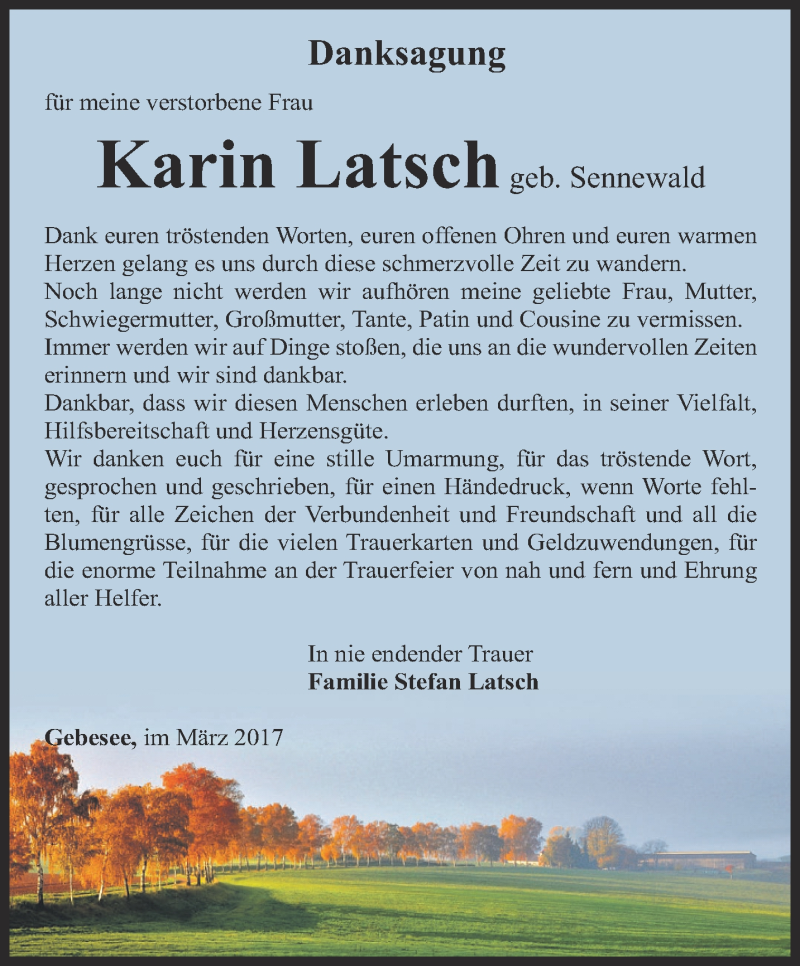 Traueranzeigen Von Karin Latsch Trauer In Thueringen De