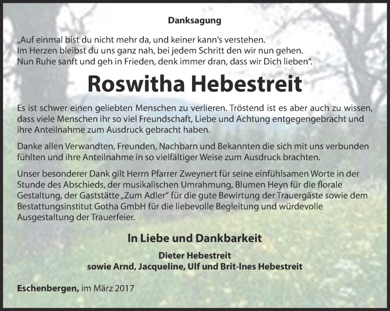 Traueranzeigen Von Roswitha Hebestreit Trauer In Thueringen De