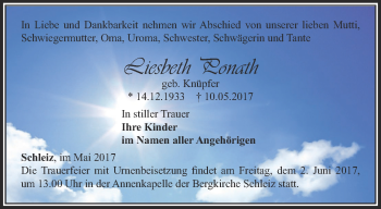 Traueranzeige von Liesbeth Ponath von Ostthüringer Zeitung