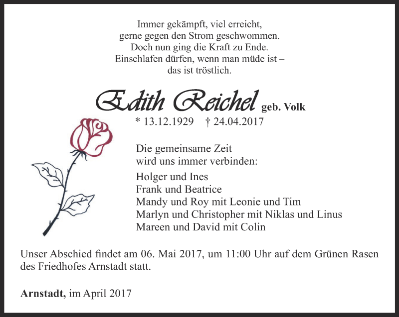 Traueranzeigen Von Edith Reichel Trauer In Thueringen De