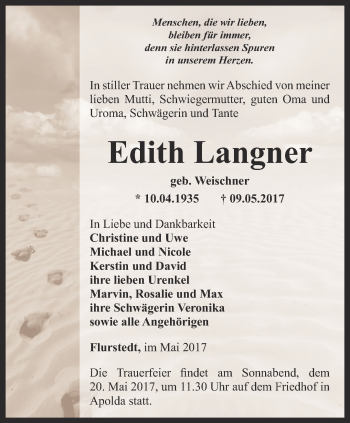 Traueranzeige von Edith Langner von Thüringer Allgemeine, Thüringische Landeszeitung