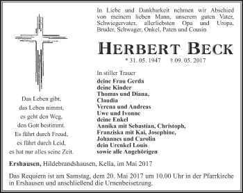 Traueranzeige von Herbert Beck von Thüringer Allgemeine
