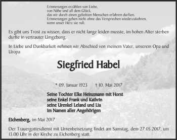 Traueranzeige von Siegfried Habel von Ostthüringer Zeitung, Thüringische Landeszeitung