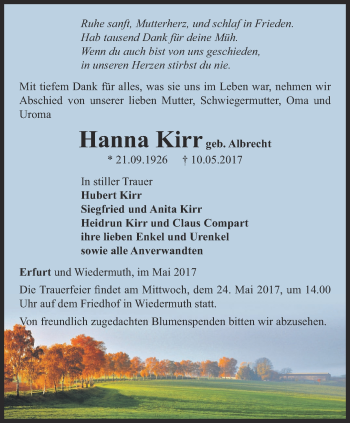 Traueranzeige von Hanna Kirr von Thüringer Allgemeine