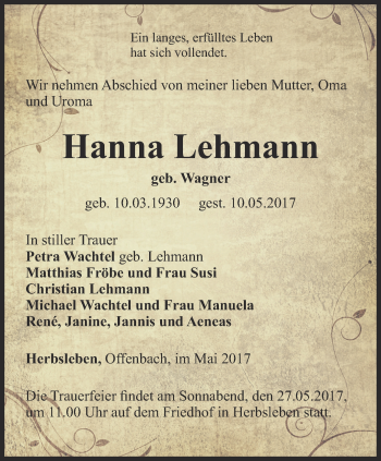 Traueranzeige von Hanna Lehmann von Thüringer Allgemeine, Thüringische Landeszeitung