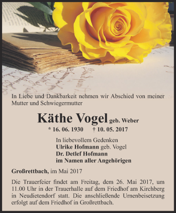Traueranzeige von Käthe Vogel von Ostthüringer Zeitung, Thüringische Landeszeitung