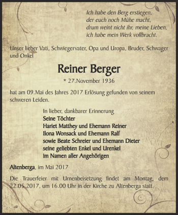 Traueranzeige von Reiner Berger von Ostthüringer Zeitung, Thüringische Landeszeitung