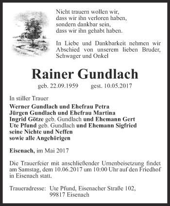 Traueranzeige von Rainer Gundlach von Thüringer Allgemeine, Thüringische Landeszeitung